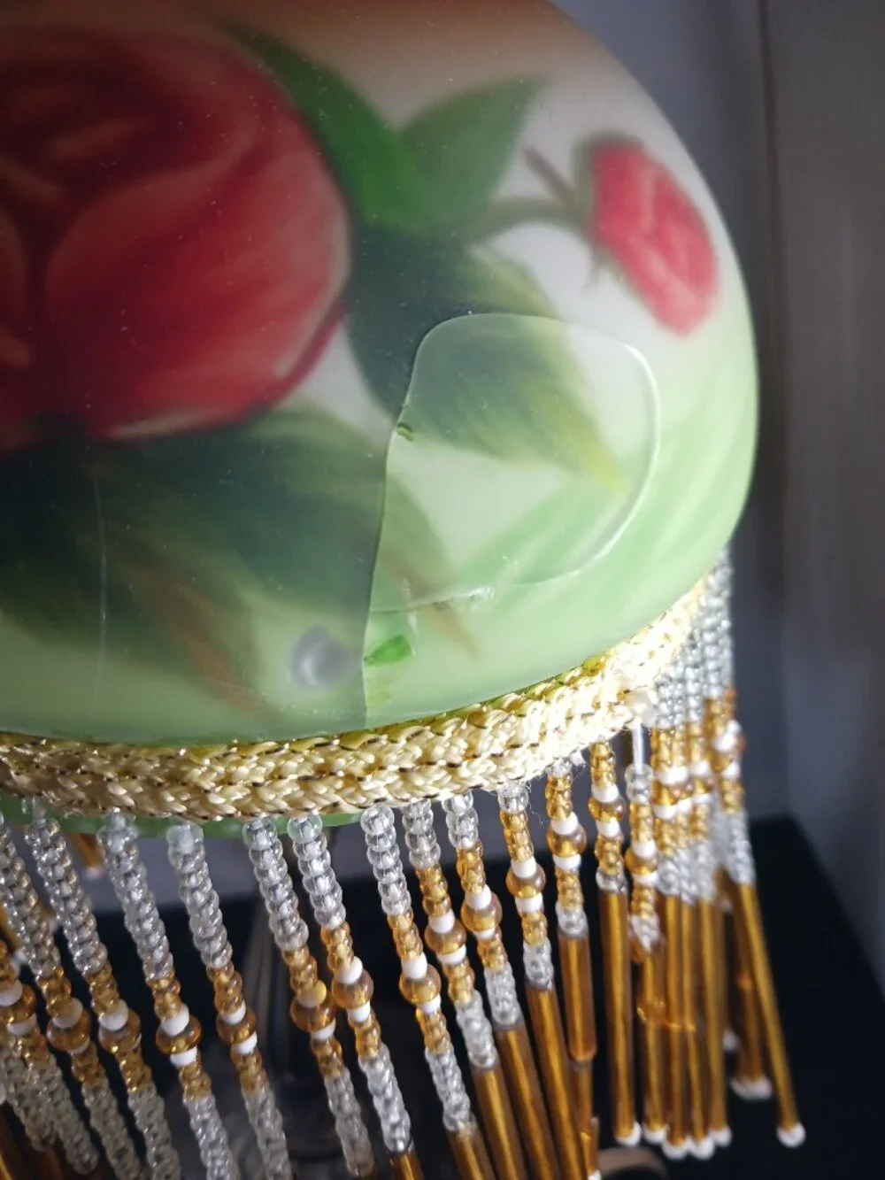Vintage Floral Table Lamp with Beaded Fringe Tiffany Style Hand Painted Shade